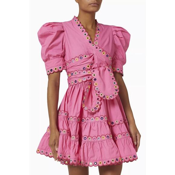 CELIA B Einar Pink Embroidered Puff Sleeve Tiered Mini Dress Size Small - Picture 1 of 5